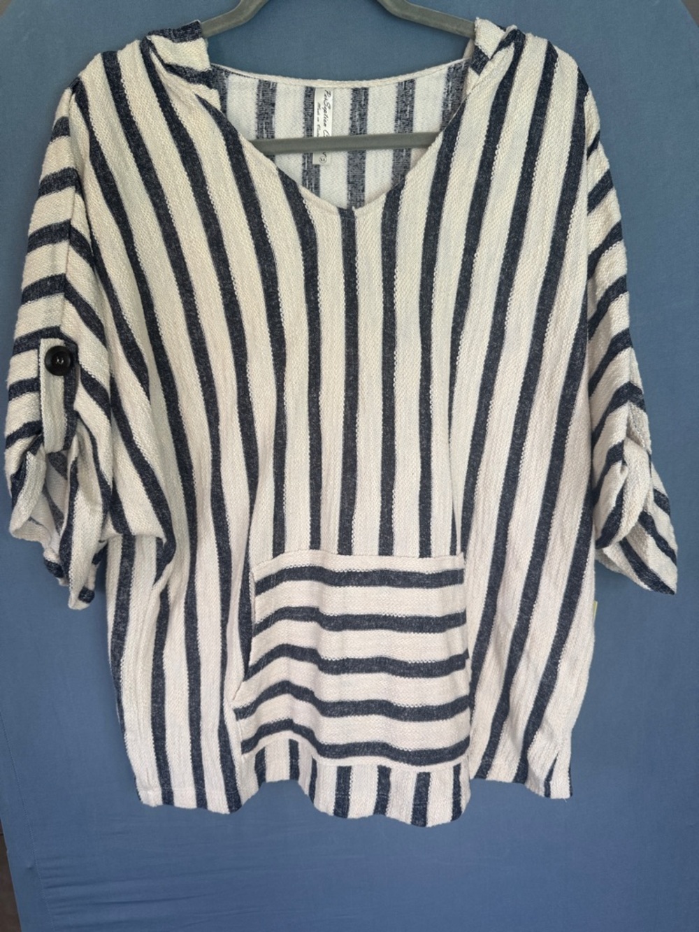 PerSeption Concept White & Navy Striped V-Neck Pullover Hoodie